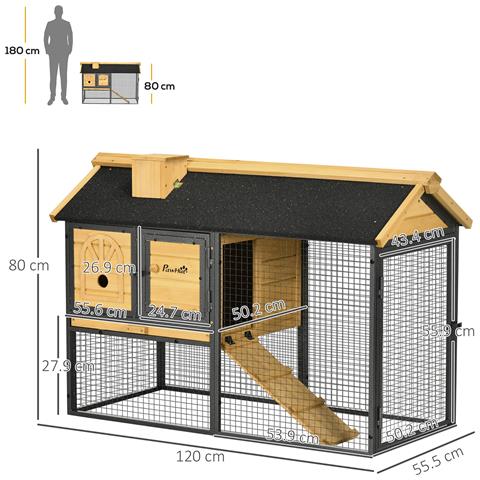 Conigliera Da Esterno A 2 Livelli In Legno Di Abete E Acciaio Con Vassoio Rimovibile, 120x55.5x80 Cm - Foto 2