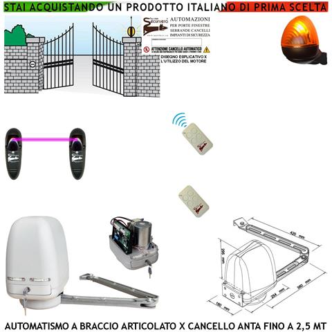 Cancello Automatico Kit Motore A Braccio Articolato 230/24 V Anta Battente Da 0,5 A 2,5 Mt Centrale Radiocomandi Faro - Foto 1