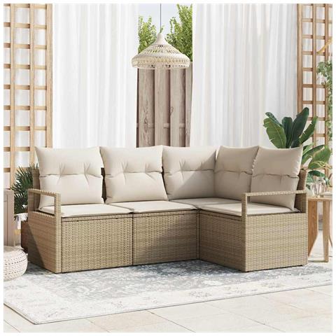 Set di divani da giardino  4 pezzi con cuscini Beige Polyrattan, Divano da giardino a 2 posti con cuscini Beige Polyrattan - Foto 2