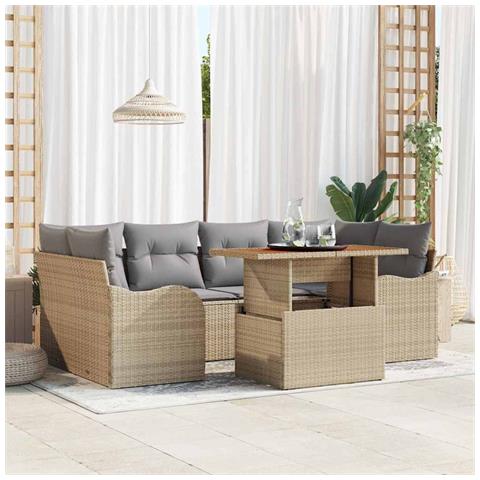 Set di divani da giardino 7 pezzi con cuscini beige in rattan poli, Divano da giardino a due posti con ripostiglio e cuscini beige in rattan poli - Foto 2