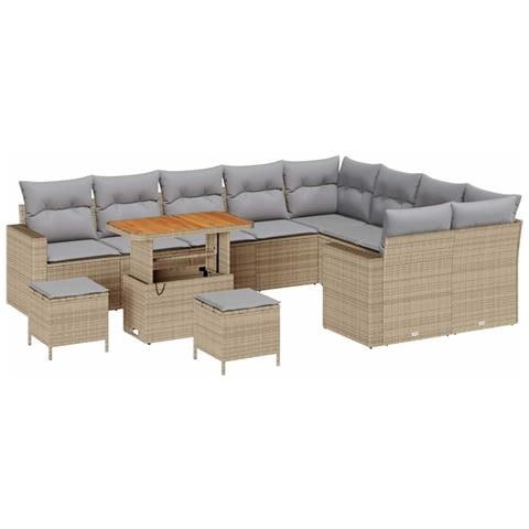 Set di divani da giardino da 12 pezzi con cuscini beige polyrattan acacia,  Set da pranzo da giardino da 3 pezzi con cuscini beige polyrattan acacia - Foto 1
