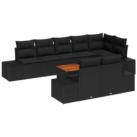 Set divano da giardino 9 pezzi con cuscini Nero Polyrattan Acacia - Foto 1