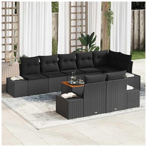 Set divano da giardino 9 pezzi con cuscini Nero Polyrattan Acacia - Foto 2