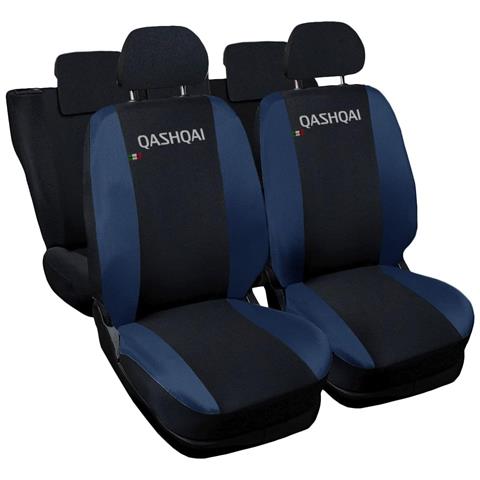 Coprisedili Auto Compatibili Per Qashqai, Made In Italy, Set Di Copri Sedili Anteriori E Posteriori Con Copri Poggiatesta Incluso, Tessuto Poliestere, Colore - Nero \blu Scuro - Foto 1