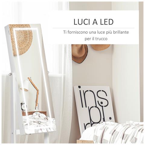 Specchio Portagioie Autoportante Con Luce Led, Inclinazione Regolabile E Serratura, 46x36.5x151.5cm - Foto 6