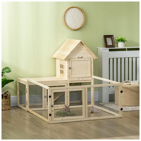 Conigliera Per Interno In Legno D'abete Con Vassoio Estraibile, 3 Porte E Area Esterna, 151.5x106x97 Cm - Foto 1