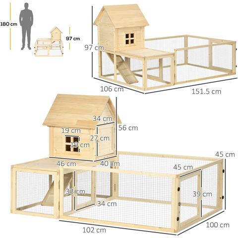 Conigliera Per Interno In Legno D'abete Con Vassoio Estraibile, 3 Porte E Area Esterna, 151.5x106x97 Cm - Foto 2
