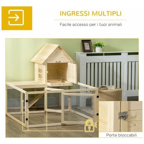 Conigliera Per Interno In Legno D'abete Con Vassoio Estraibile, 3 Porte E Area Esterna, 151.5x106x97 Cm - Foto 6