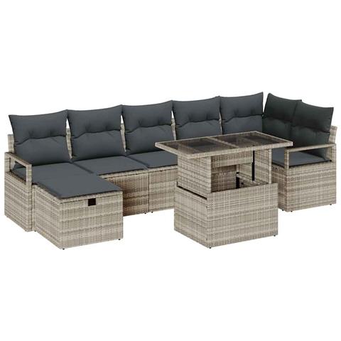 Set da Giardino 8 Pezzi con Cuscini Grigio Chiaro in Rattan Sintetico, Divano da Giardino 2 Posti con Cuscini Grigio in Rattan Sintetico - Foto 1