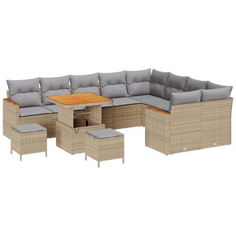 Set di divani da giardino da 12 pezzi con cuscini beige polyrattan acacia,  Set da pranzo da giardino da 3 pezzi con cuscini beige polyrattan acacia - Foto 1