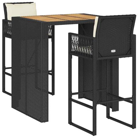 Set Bar da Giardino 3 pz con Cuscini Nero in Polyrattan Acacia - Foto 1