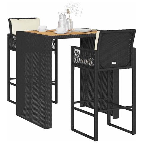 Set Bar da Giardino 3 pz con Cuscini Nero in Polyrattan Acacia - Foto 2