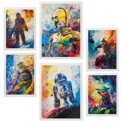 Set Di 6 Stampe Quadro Incorniciato A Colori Di Star Wars Con Illustrazioni Di Design Per Decorare Le Pareti Della Tua Casa A3 & A4 Cornice Bianca - Foto 1
