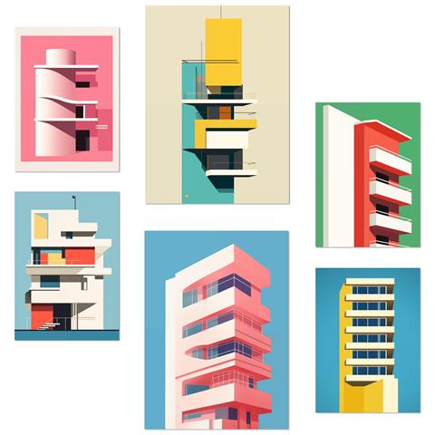 Set Di 6 Stampe Bauhaus Pink Con Illustrazioni Di Design Per Decorare Le Pareti Della Tua Casa, Ufficio, Negozio E Attività Commerciale A3 & A4 Senza Cornice - Foto 1