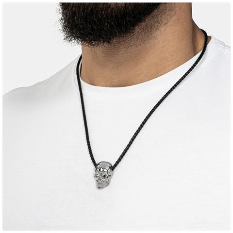 Collana da Uomo in Vera Pelle, ""Skull"", 50cm, Argento - Foto 2