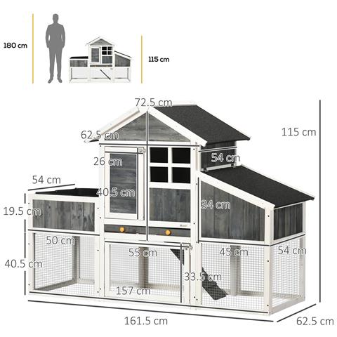 Pollaio Prefabbricato In Legno Con Area Aperta, Casetta E Nido, 161.5x62.5x115cm, Grigio - Foto 2