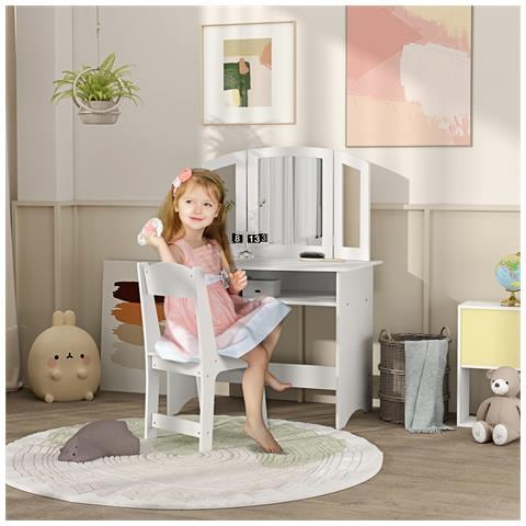 Set da Trucco per Bambini con Tavolo Toeletta con Specchio Triplo Rimovibile e Sedia in Legno Bianco - Foto 2