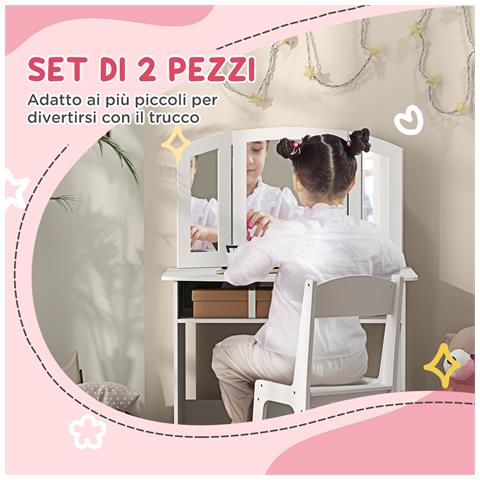 Set da Trucco per Bambini con Tavolo Toeletta con Specchio Triplo Rimovibile e Sedia in Legno Bianco - Foto 6