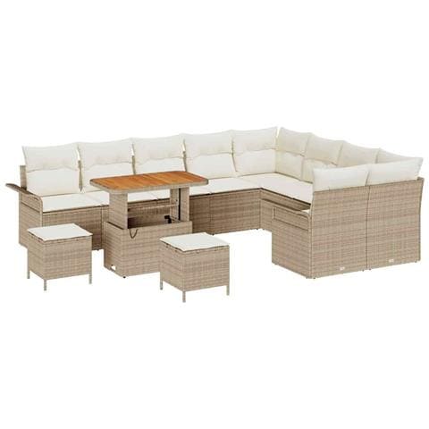 Set di divani da giardino da 12 pezzi con cuscini Beige Polyrattan Acacia, Set da pranzo da giardino da 3 pezzi con cuscini Beige Polyrattan Acacia, Divano da giardino per 2 persone con cuscini Beige Polyrattan - Foto 1