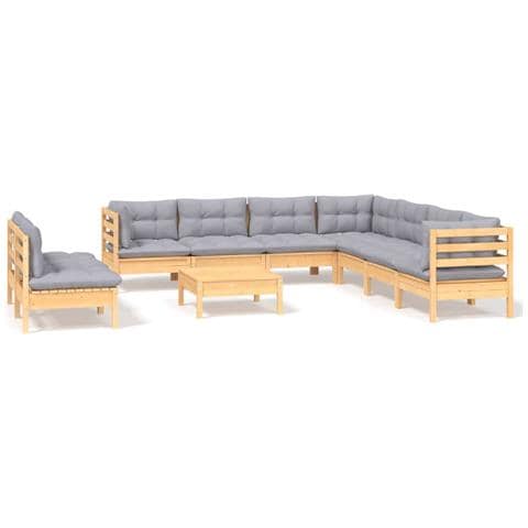 Set Divani da Giardino 10 pz con Cuscini Grigi Massello di Pino - Foto 1