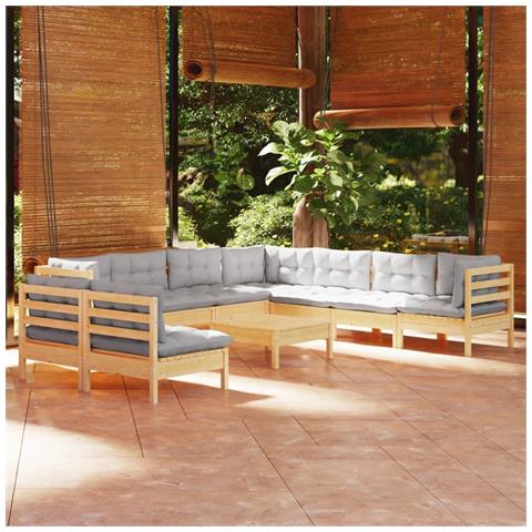 Set Divani da Giardino 10 pz con Cuscini Grigi Massello di Pino - Foto 2