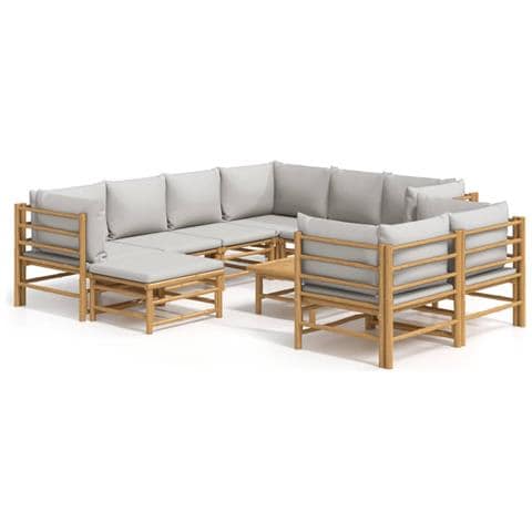 Set Salotto da Giardino 10pz con Cuscini Grigio Chiaro Bambù - Foto 1