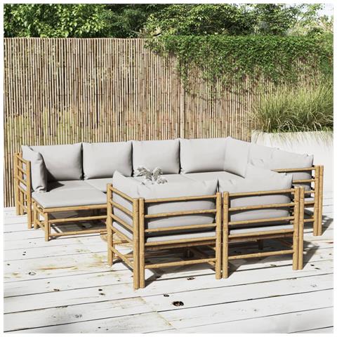 Set Salotto da Giardino 10pz con Cuscini Grigio Chiaro Bambù - Foto 2