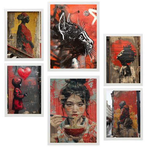 Set Di 6 Stampe Dipinto Decorativo Street Art Rosso Nero E Giallo Graffiti Banksy Incorniciato Con Illustrazioni A3 & A4 Cornice Bianca - Foto 1