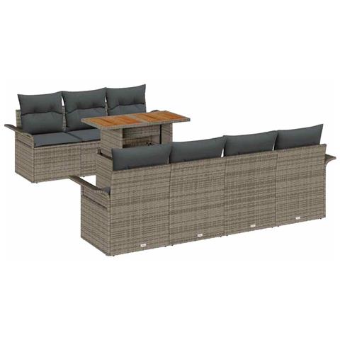 Set da Giardino 8 Pezzi con Cuscini Grigio in Rattan Sintetico e Acacia - Foto 1