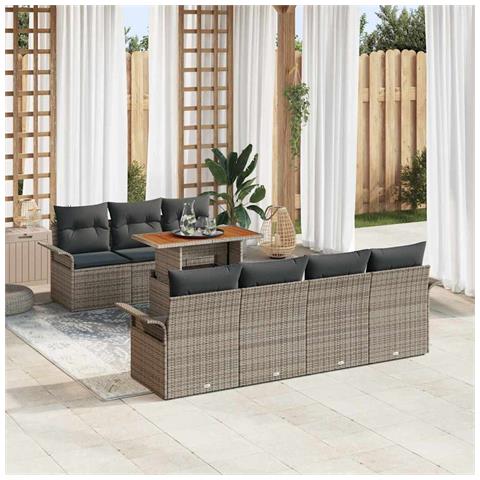 Set da Giardino 8 Pezzi con Cuscini Grigio in Rattan Sintetico e Acacia - Foto 2