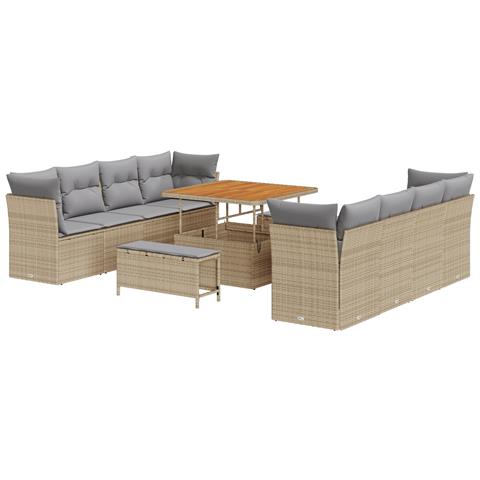 Set Divano da Giardino  11 Pezzi con Cuscini Beige Polyrattan Acacia, Set da Pranzo da Giardino  3 Pezzi con Cuscini Beige Polyrattan Acacia - Foto 1