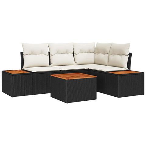 Set divano da giardino 5 pezzi con cuscini Nero Polyrattan Acacia - Foto 1