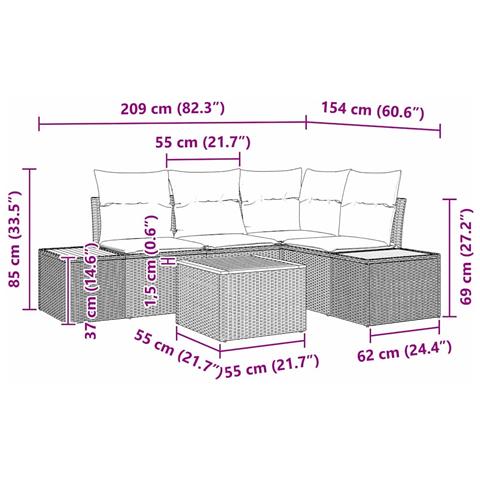 Set divano da giardino 5 pezzi con cuscini Nero Polyrattan Acacia - Foto 9