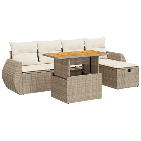 Set Divano da Giardino 6 pz con Cuscini Beige Polyrattan Acacia - Foto 1