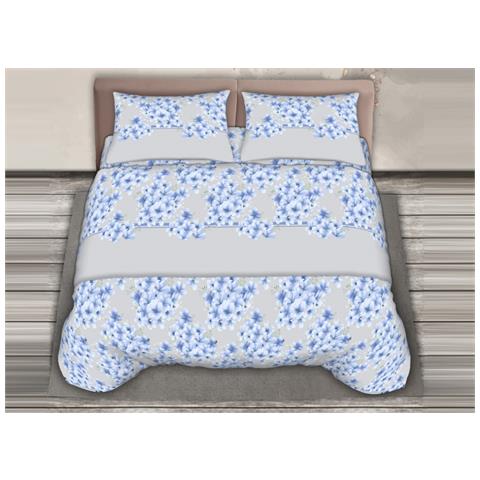 Completo Lenzuola Stiro Facile 100% Cotone Made Italy Effetto Seta Fiorellino Matrimoniale Azzurro - Foto 1