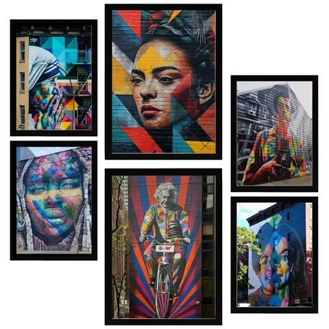 Set Di 6 Stampe Pittura Decorativa Graffiti Street Art Colorata Frida Einstein Teresa Jackson Incorniciata Con Illustrazioni A3 & A4 Cornice Nera - Foto 1