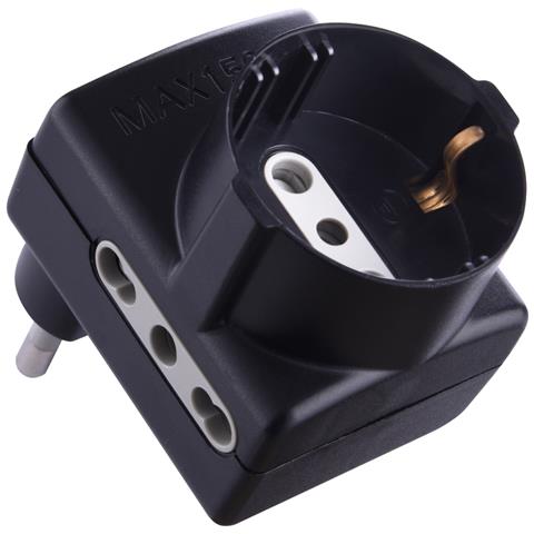 70069 Adattatore Asimmetrico Spina 16a 2 Prese Bivalenti 10/16a 1 Presa Schuko Nero - Foto 1