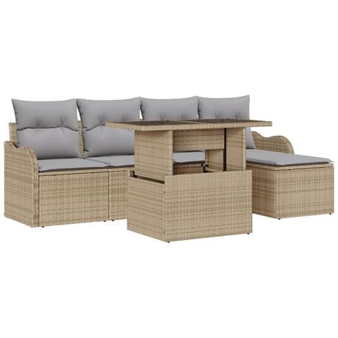 Set di sofà da giardino  6 pezzi con cuscini Beige Polyrattan, Sofà da giardino  2 posti con cuscini Beige Polyrattan - Foto 1