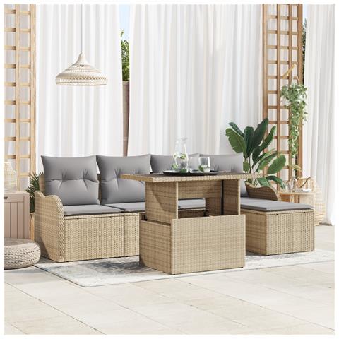 Set di sofà da giardino  6 pezzi con cuscini Beige Polyrattan, Sofà da giardino  2 posti con cuscini Beige Polyrattan - Foto 2