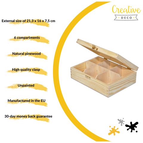 Scatola Porta Tè E Tisane In Legno | 6 Scomparti | 21 X 16 X 7 Cm (+ / - 0,5 Cm) | Tè Bustine | Coperchio | Serratura | Divisori Rimovibili | Perfetta Per Decoupage, Stoccaggio, Regalo - Foto 5