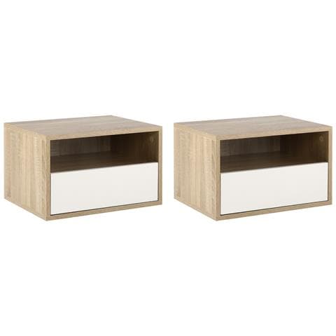 Set 2 Comodini Sospesi Con Cassetto E Ripiano 45x35x27.5cm - Bianco E Color Legno - Foto 1