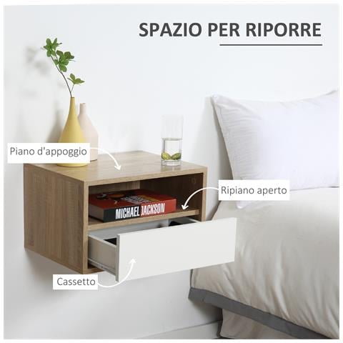 Set 2 Comodini Sospesi Con Cassetto E Ripiano 45x35x27.5cm - Bianco E Color Legno - Foto 2