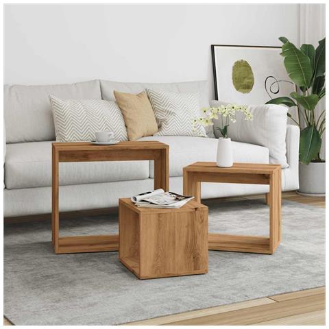 Tavolini Impilabili 3 Pz Rovere Artigianale Legno Multistrato - Foto 3