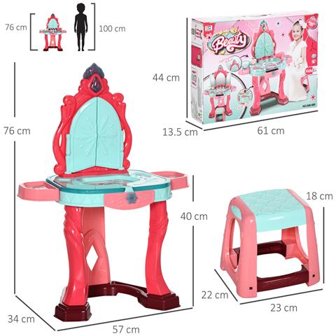 Tavolino Toeletta per Bambine con Sgabello, Specchio, Luci e Accessori, in PP e GPPS, 57x34x76 cm, Multicolore - Foto 2