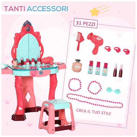 Tavolino Toeletta per Bambine con Sgabello, Specchio, Luci e Accessori, in PP e GPPS, 57x34x76 cm, Multicolore - Foto 6