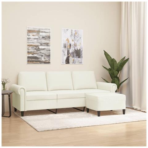 Divano a 3 Posti con Poggiapiedi Crema 180 cm in Velluto - Foto 2