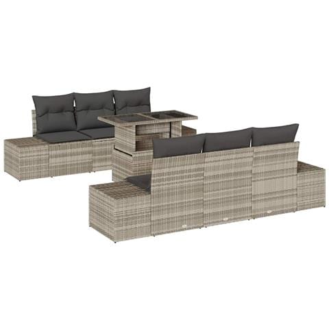 Set divano da giardino di 7 pezzi con cuscini in polyrattan grigio chiaro - Foto 1