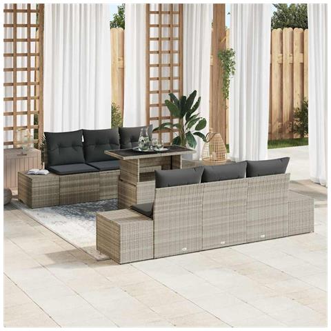 Set divano da giardino di 7 pezzi con cuscini in polyrattan grigio chiaro - Foto 2
