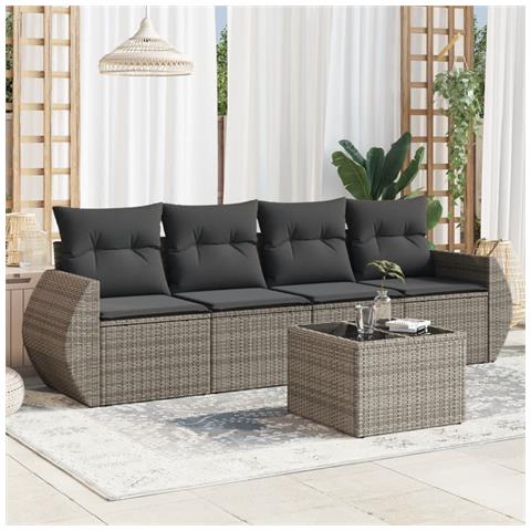 Set Divano da Giardino 5 pz con Cuscini Grigio in Polyrattan - Foto 2