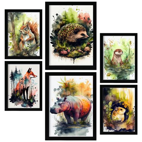 Set Di 6 Stampe Illustrazioni Di Creature Viventi Di Animali In Paesaggi Naturali, Design D'interni Realistico In Stile Acquerello A3 & A4 Senza Cornice - Foto 1